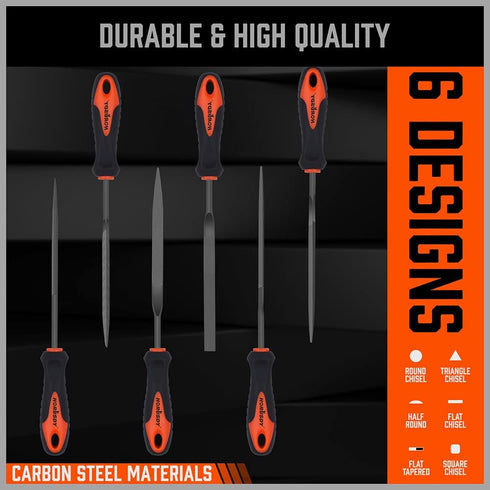 HORUSDY 6-Pieces Needle File Set, Hand Metal Files, Alloy Strength Steel Include Flat, Flat Warding, Square, Triangular, Round, and Half-Round Fil...