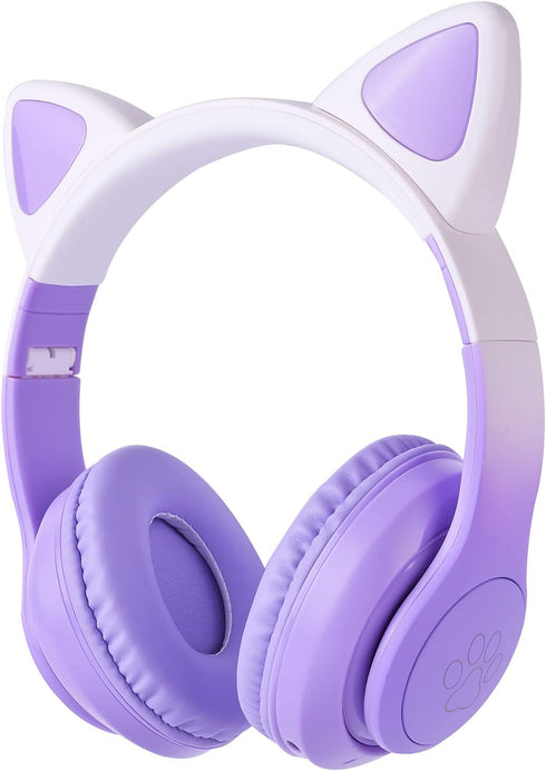 Cat Ear Kids Headphones Bluetooth, LED Light up Wireless/Wired Mode Over Ear Headphones with Build in Microphone for School/Travel (Purple)...