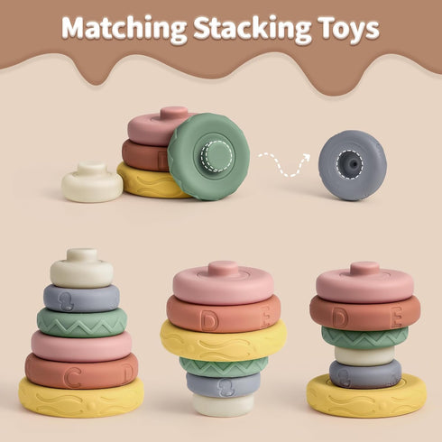 Mini Tudou 6 Pcs Stacking & Nesting Circle Toy,Soft Building Rings Stacker & Teethers,Squeeze Play with Early Educational Learning Stacking Tower,...