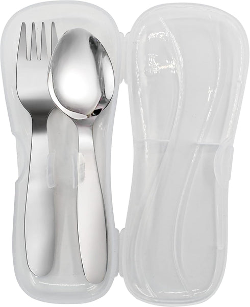 VANRA 2 Pieces Children Fork Spoon Set with Travel Case for Lunch Box, 18/8 Stainless Steel Kids Silverware Flatware Set Kids Utensil Set for Scho...