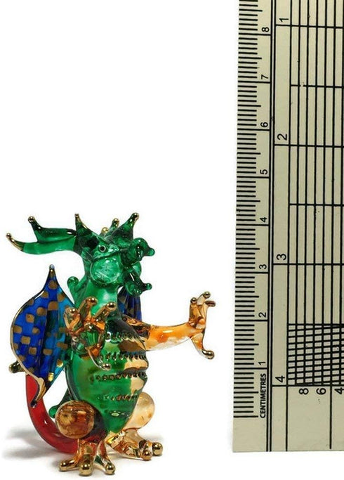 Tiny 2" Green Blue Yellow Sitting Western Dragon Figurine - Miniature Hand Blown Glass Dragons Mythical Creature Animals Crystal Decorative Collec...