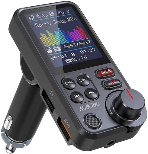 FM Bluetooth Transmitter for Car, Strong Microphone Bluetooth Car Adapter with 1.8" Color Screen for Hands Free Calls, Supports QC3.0 Charging, Tr...