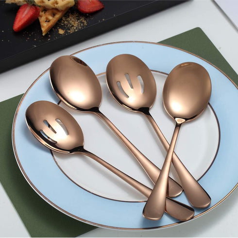 Rose Gold Serving Spoons 4 Pieces, Kyraton Titanium Plating Serving Spoon, Include 2 Serving Spoon And 2 Slotted Spoons, Stainless Steel Serving U...