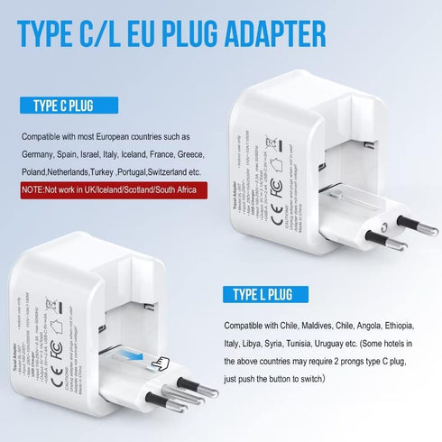 2 Pack European Travel Plug Adapter, LANUEE Italy Power Adapter with USB C Port, 2 in 1 Type C/L Foldable EU Outlet Adapter,Travel Accessories to ...