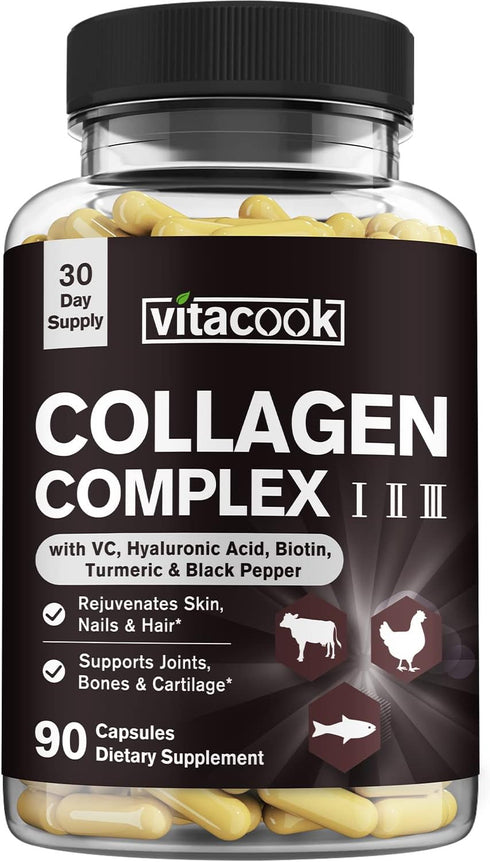 Collagen Peptides Complex, Type I, II, III, 2025 MG, Hydrolyzed Multi Collagen, VC, Biotin, HA, Turmeric & Black Pepper, for Skin, Hair, Nails, Jo...