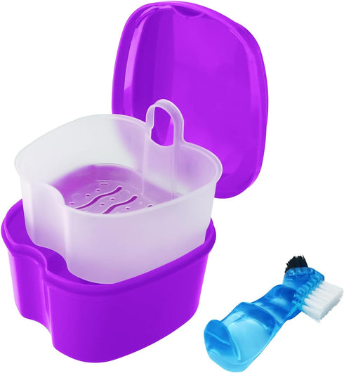 Colorful Denture Bath Case with Brush, Denture Cup Soaking Holder False Teeth Container Mouth Guard Storage Case Cleaning with Lid Waterproof - Pu...