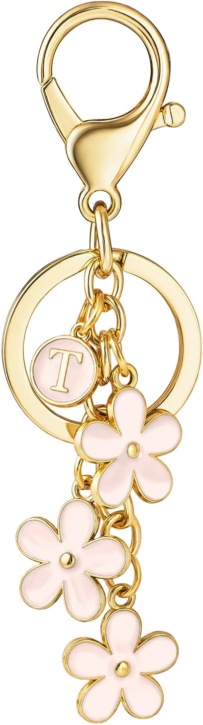 SELOVO Initial Keychain White/Pink Flower Charms for Key Cute Letter Keyring for Handbag Backpack...