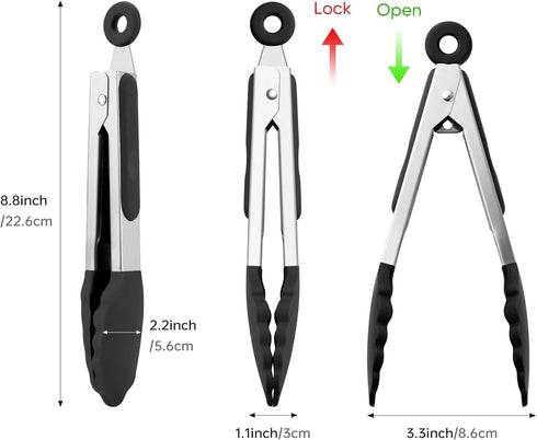 7 Inch Mini Tongs, Pack of 3 Short Small Silicone Tongs, Stainless Steel Tongs with Silicone Tips for Cooking, Barbecue, Buffet Serving (7", Black...