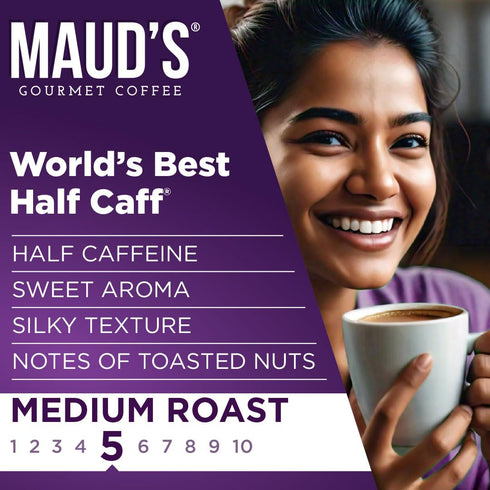 Maud's Half Caffeine Instant Coffee, 24 ct, 100% Arabica Coffee, Medium Roast, Instant Hot or Iced Coffee - Just add water...