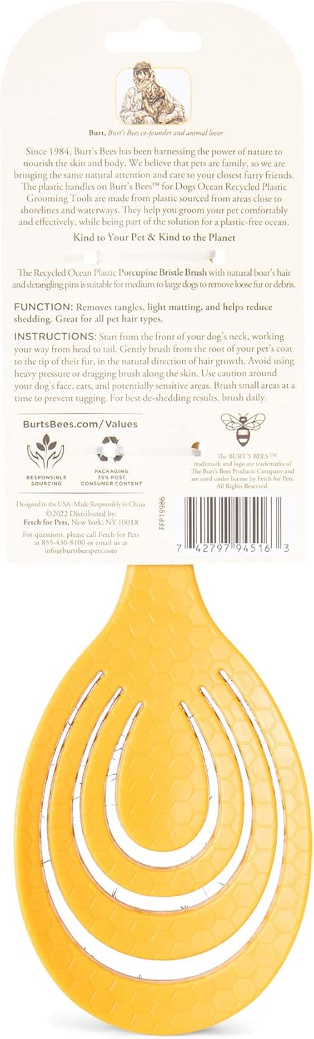 Burt’s Bees for Pets Porcupine Bristle Brush for Large Dogs with Handle Made from Recycled Plastics Collected from Coastal Communities | Large Fle...
