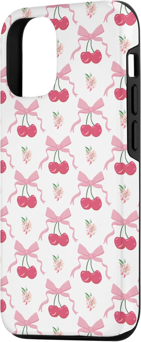 iPhone 13 Coquette Cherry and Bow Pattern with Pink Bows Case...