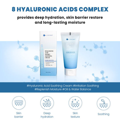 KSECRET Hyaluronic Acid Soothing Cream, 2.7fl.oz. / 80ml | Korean Skincare | Sea Water (76%) Based Soothing Moisrurizer for ALL skin types with 8 ...