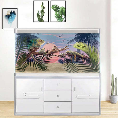 Hawaiian Beach Palm Tree Aquarium Background, Watercolor Graffiti Hawaiian Themed Fish Tank Background, Anime Themed Crawling Terrarium Background...