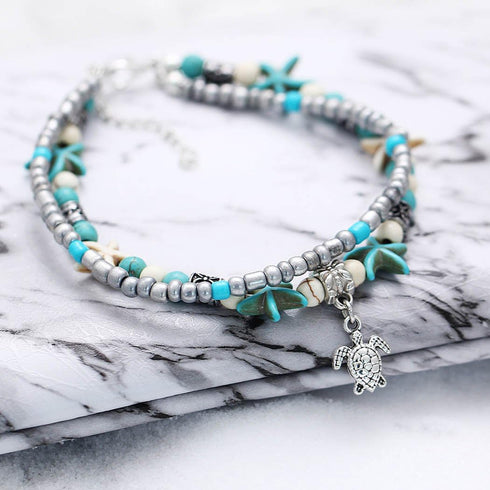 Zoestar Boho Starfish Turtle Anklet Ankle Bracelet Beaded Foot Accessories Double Layer Jewelry for Women(Silver/1Pc)...