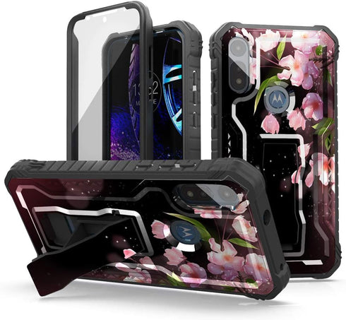 FITO Moto E Phone Case, Dual Layer Shockproof Heavy Duty Case for Moto E 2020 Phone with Screen Protector, Built-in Kickstand (Pink Flowers, Moto ...