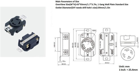 Generic 30 Amp Generator Receptacle Industrial Outlet NEMA L14-30R Receptacle Industrial Grade Grounding 125/250V Flush Mounting Locking for Gener...