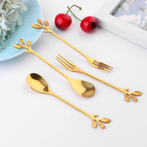 12pcs Stainless Steel Gold Leaf Coffee Spoon and Cake Fruit Forks Kitchen Accessory Wedding Party for Dessert, Salad, Appetizer, Spoon and Fork Se...