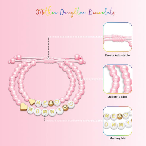 Mother Daughter Bead Bracelet Set for 2, Mommy and Me Matching Bead Bracelet, Mama and Mini Matching Heart Bracelets for Mom Daughter Valentines M...