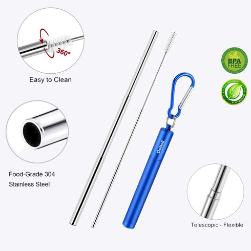 2 Pack Reusable Metal Straws Collapsible Stainless Steel Drinking Straw Travel Portable Telescopic Straw with Case,2 Cleaning Brushes Included Bla...