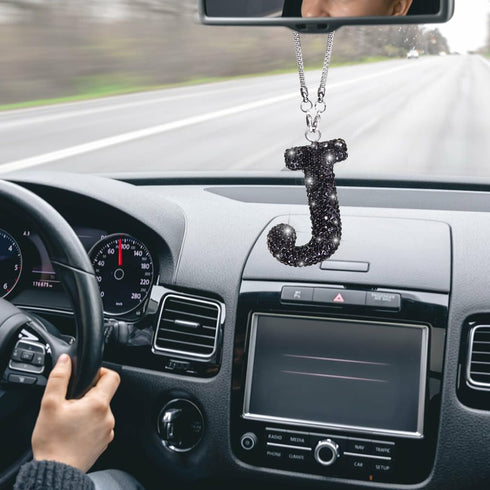 TobeQueen Car Rear View Mirror Ornament Hanging Lucky Crystal Pendant Black Bling Car Accessories for Women Rhinestone Charm Auto Decoration (Blac...