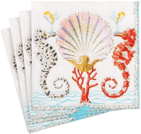 Caspari Seahorses and Shell Paper Cocktail Napkins - Four Packs of 20...