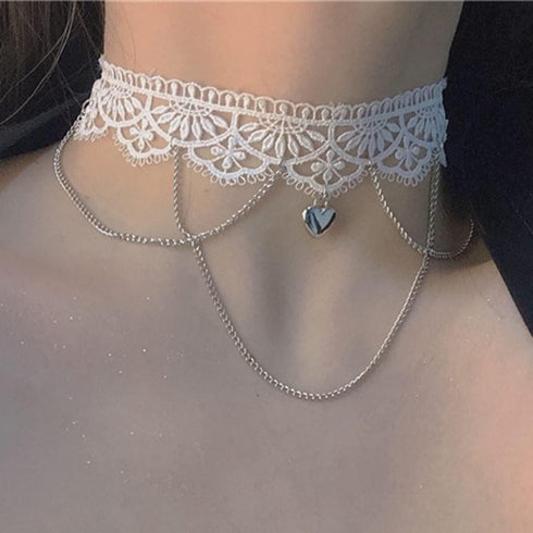 Gothic White Lace Sexy Choker Necklace Heart Butterfly Pendant Tassel Collar Neck Chain Bridal Wedding Jewelry for Women Girls...