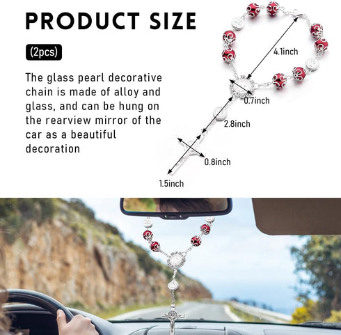 2PCS Car Rosary for Rearview Mirror, Personalized Auto Rosary Cross Blessing Decors, Rosary Beads Rear View Mirror Pendant Hanging Accessories, Un...