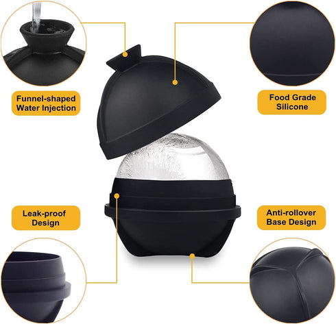 Ice Ball Molds Set of 4,Whiskey Ice Ball Maker Mold,Silicone Sphere Ice Molds with Built-in Funnel,Large Round Ice Cube Molds Make 2.5 Inch Sphere...