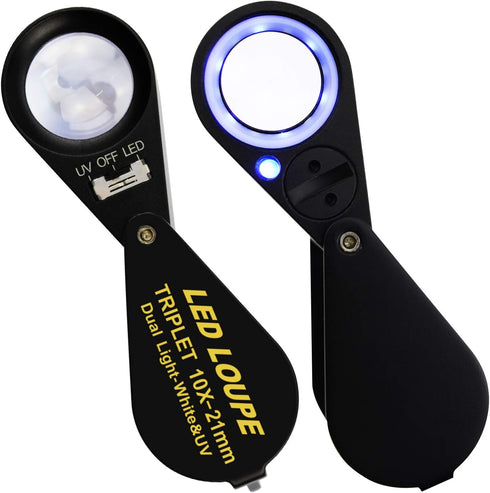 Illuminated Jewelers Loupe Magnifier, Foldable Jewelry Magnifier with 6 LED & UV Lights, Hastings Triplet Loupe 10X for Gems, Jewelry, Coins, Stam...