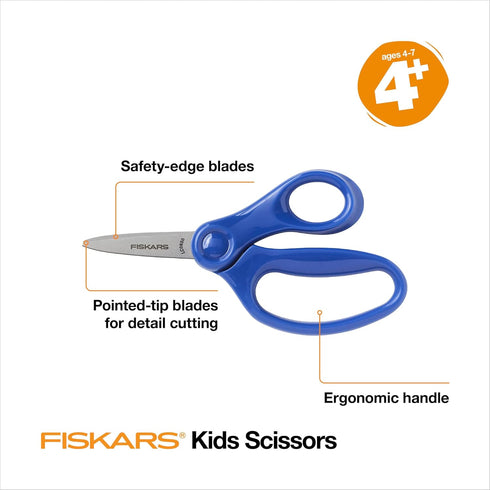 Fiskars 5" Pointed-Tip Scissors for Kids 4-7 (3-Pack) - Scissors for School or Crafting - Back to School Supplies - Red, Blue, Turquoise...