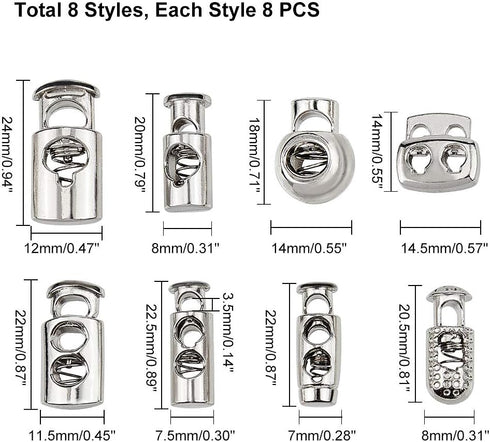 PandaHall 64pcs 8 Styls Metal Alloy Spring Fastener Cord Lock Toggle Stopper Toggle Stopper for Drawstrings...