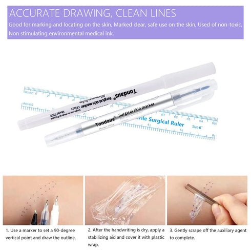 10Pcs Microblading Skin Marker Tattoo Stencil Markers Pen Permanent Makeup Position Mark Surgical Tip Sterile with Paper Ruler for Eyebrow, Lips, ...