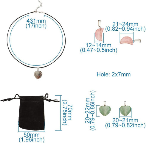 FASHEWELRY 20Pcs Random Crescent Moon Heart Chakra Stone Pendants Healing Crystal Gemstone Charms & 20Pcs Black Waxed Cotton Necklace Cord & 1Pc V...