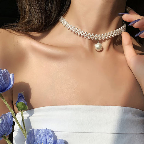 Jeairts Pearl Choker Necklace Silver Crystal Short Necklaces Row Pearl Pendant Necklace Jewelry for Women and Girls...