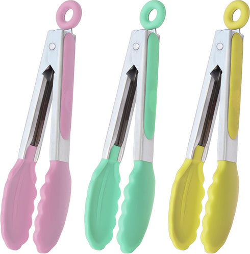 Small Tongs with Silicone Tips 7-Inch Serving Tongs, Set of 3 (Pink Mint Yellow)...