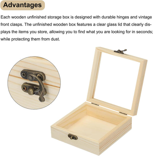 MECCANIXITY 4.7x4.7x1.8 Inches Mosaic Base Material Unfinished Wooden Box Rectangle Storage Box Natural Wooden with Hinged Lid and Front Clasp for...