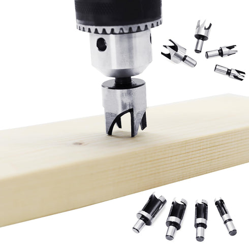 8Pcs Wood Plug Cutter Drill Bit Set Carbon Steel Titanium Coated Woodworking Chamfer Drill Bits Straight and Tapered Taper 5/8" 1/2" 3/8" 1/4" Cut...