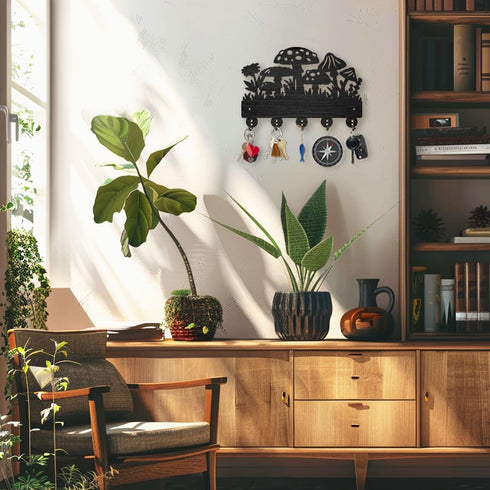 Mushroom Wall Mounted Coat Rack Wildflower Meadow Wood Key Hooks for Wall 11.8×7.9inch Black Key Holder Hanger Wall Art Decor with 5 Alloy Hooks f...