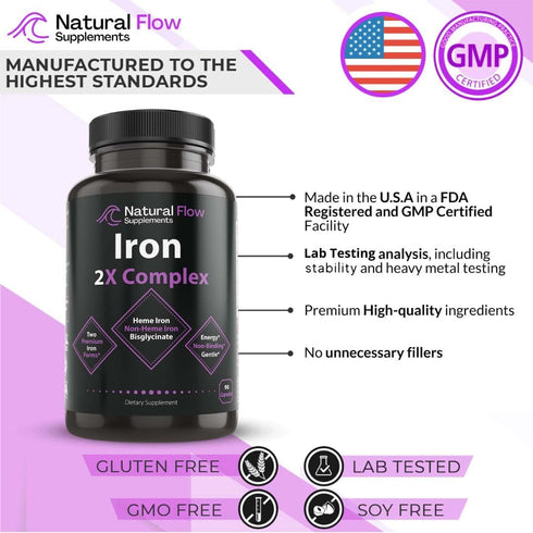 Iron Supplement 2-in-1 Complete Complex - Natural Flow 2X Heme and Chelated Non Heme Iron Bisglycinate, Folate, B and Vitamin C, for Anemia and Bl...