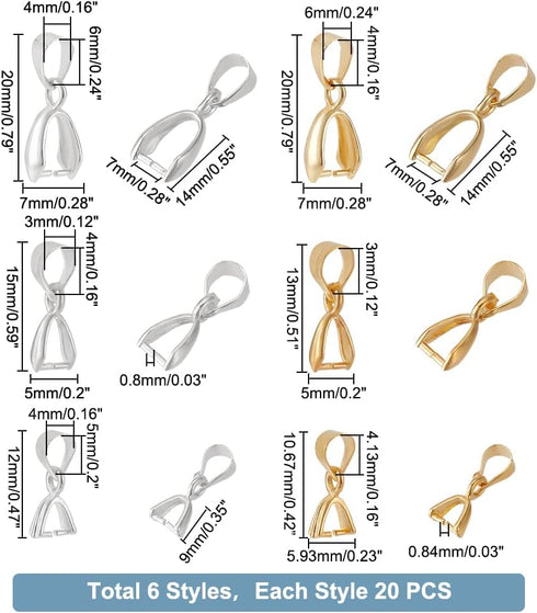 PH PandaHall Pinch Clip, 120 Pieces 6 Styles Pinch Clip Bail Clasp Dangle Charm Bead Pendant Connector Findings for Jewelry Necklace DIY Craft Mak...