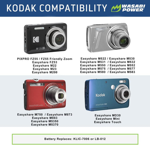 Wasabi Power Battery (2-Pack) and Charger for Kodak KLIC-7006, LB-012 and Kodak PIXPRO FZ55, FZ53...