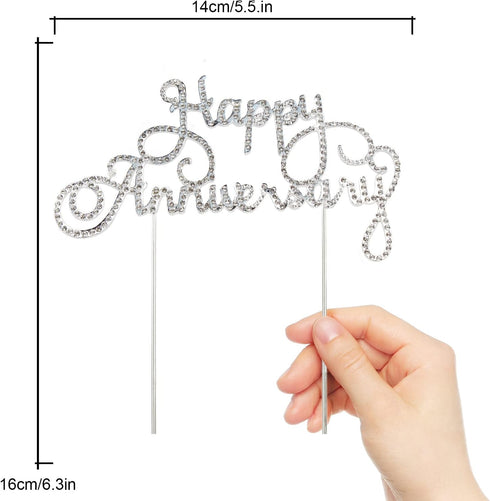 Happy Anniversary Cake Topper Wedding Anniversary Crystal Rhinestone Party Decoration Silver (Silver)...