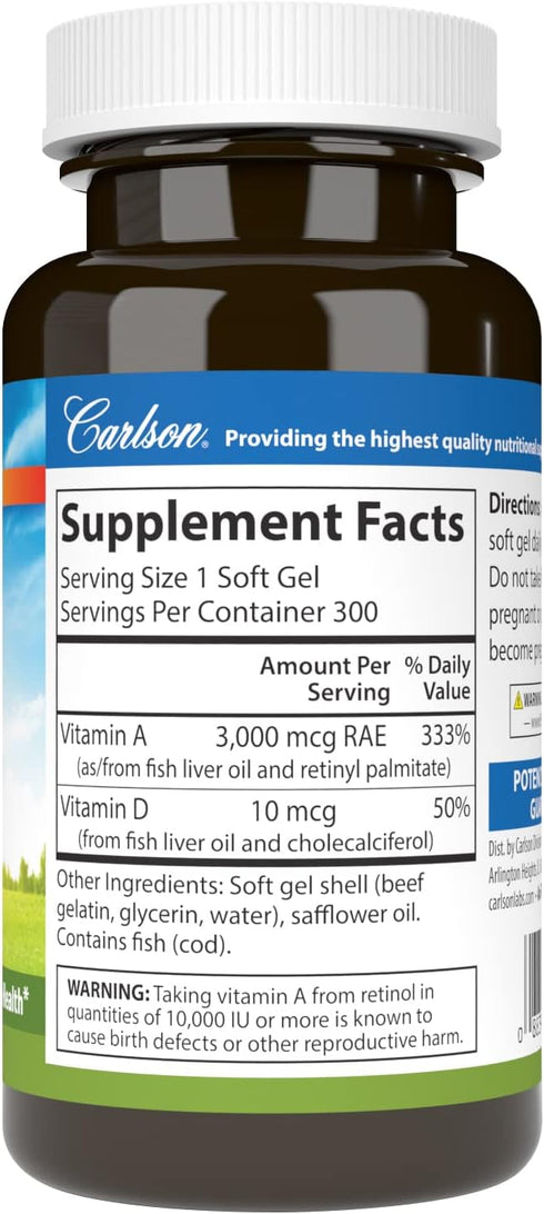 Carlson - A & D, 10000 IU (3000 mcg RAE) Vitamin A, 400 IU (10 mcg) Vitamin D3, Vision Support, Skin Health, 300 Soft Gels...