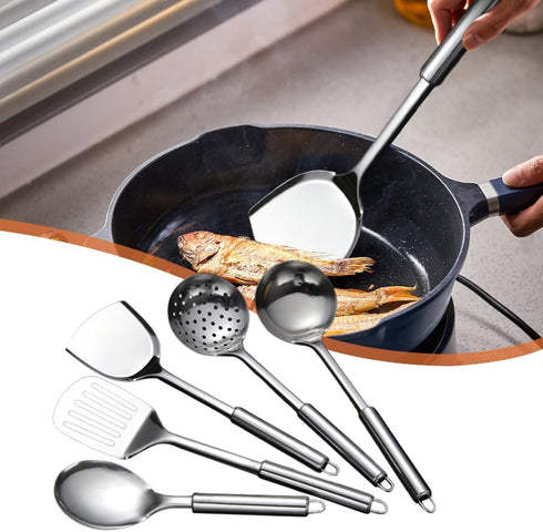 5 PCS Cooking Utensils Set Stainless Steel Kitchen Utensils Gadgets Resistant Cooking Tools Includes Slotted Spoon, Slotted Spatula, Large Spoon, ...