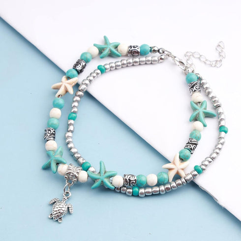 Boho Starfish Anklet Bracelet Sea Turtle Turquoise Chain Anklet Layered Turtle Pendant Ankle Bracelets Beach Blue Beads Foot Chain Jewelry for Wom...