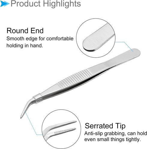 Tweezers, 125mm Length, Stainless Steel Curved Pointed Serrated Tip Tweezer - (Applications: for Mechanical Equipment Product Repair), 2-Pieces...