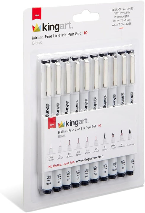 KINGART 430-10 PRO Inkline Black Micro Line & Precision Graphic Pens, 10 Assorted Nibs, BLACK Archival Waterproof Japanese Ink for Art, Illustrati...