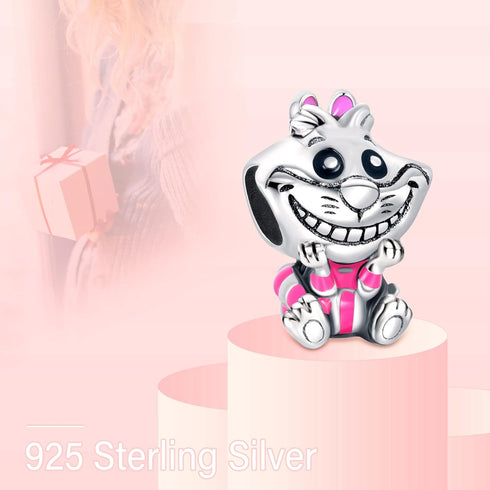 Cheshire Cat Charms 925 Sterling Silver Grin Meow Bead with Purple Enamel for Bracelets...