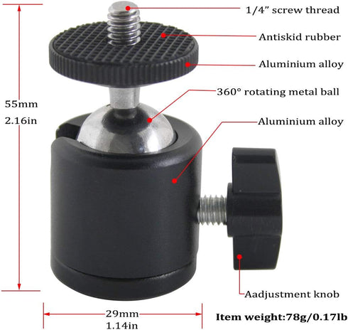 EXMAX 360 Degree Aluminum Alloy Body Rotating Swivel Mini Tripod Ball Head with 1/4" Screw Thread Base Mount for Lighter DSLR Camera Camcorder LED...
