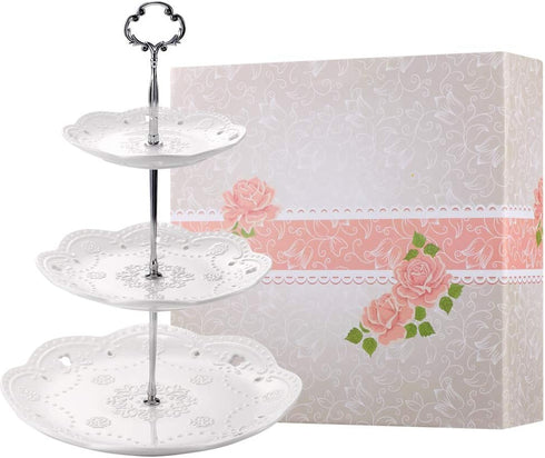 BonNoces 3-Tier Porcelain Cupcake Stand Serving Tray - White Embossed Elegant Dessert Cake Stand - Pastry Serving Stand for Tea Party, Wedding and...